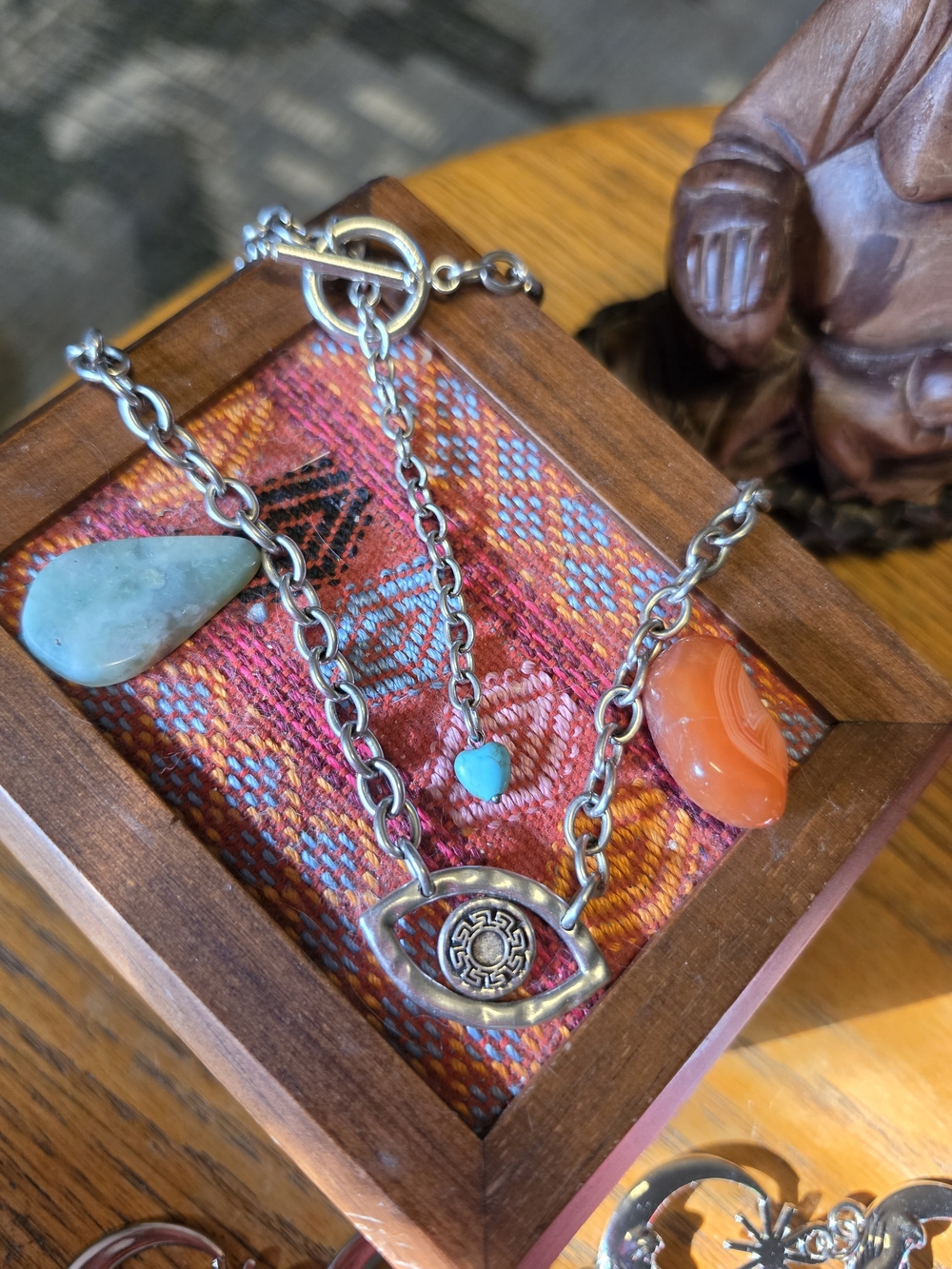 Sterling "I Am" Eye Pendant Necklace with Turquoise Dangle On Toggle Clasp.